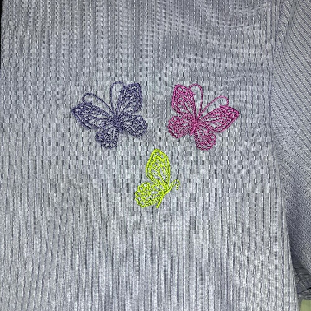 Perfectly Imperfect Medium Crop Top Black Purple Butterfly Y2K Ribbed Split Tee - Picture 2 of 5